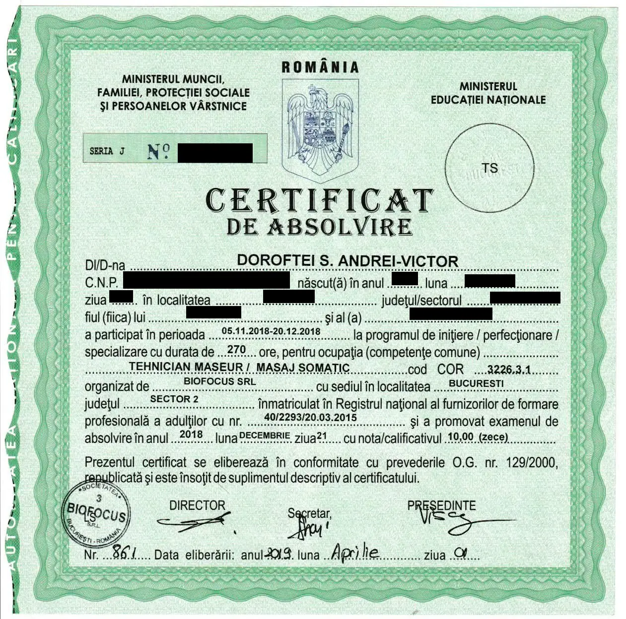 Certificat de absolvire masaj somatic (2018)