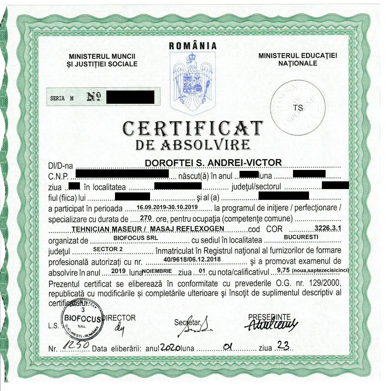 Certificat de absolvire tehnician maseur reflexogen (2019)